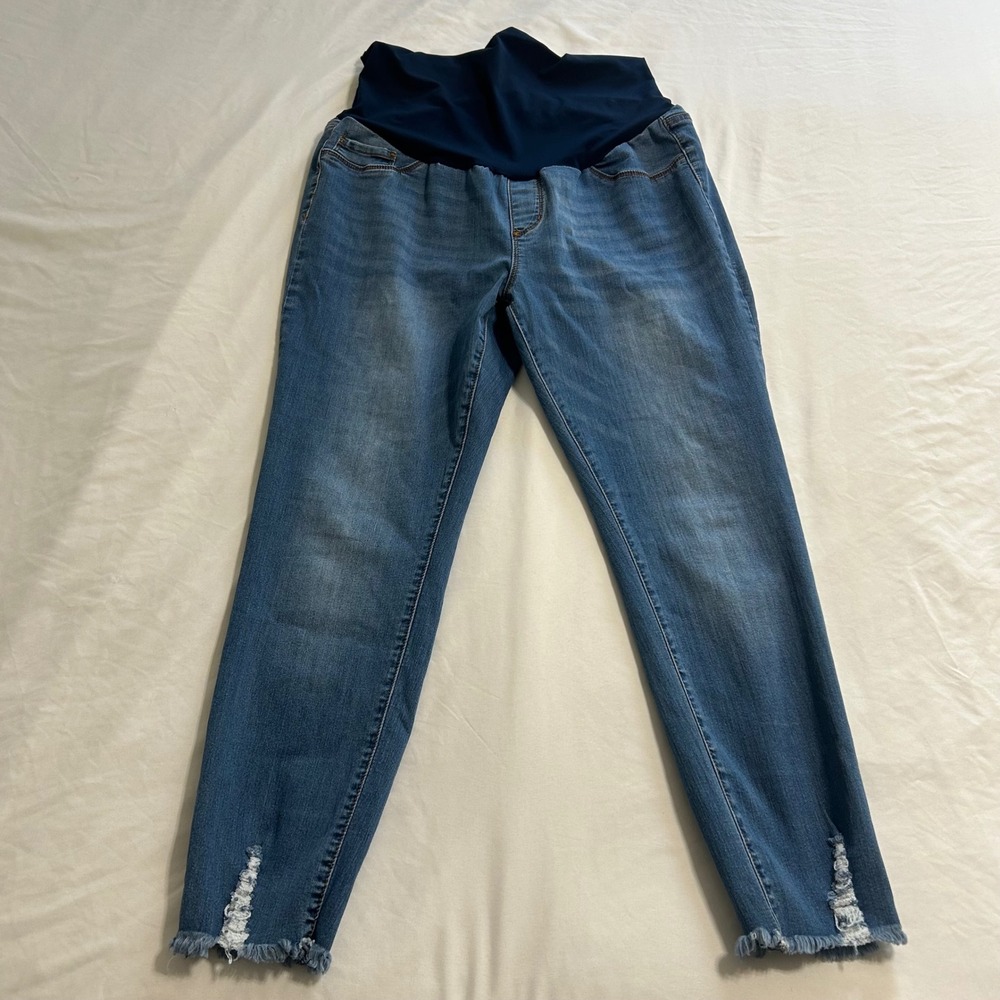 SONG Maternity Skinny Jeans XL Medium Wash Full Belly Panel Distressed Raw Hem